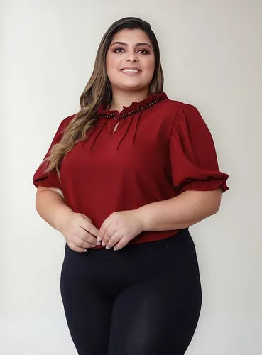 Women's Short-Sleeve Keyhole Blouse with Beaded Trim