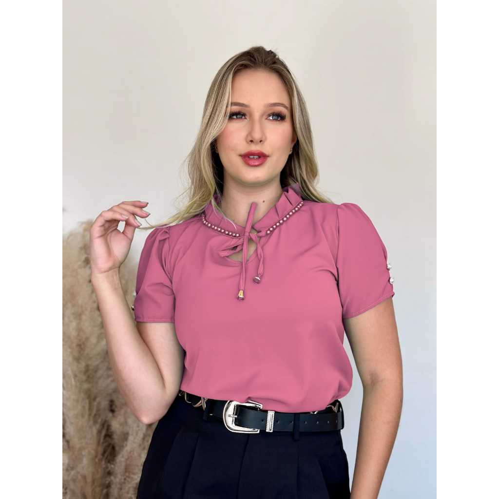 Women's Short-Sleeve Tie-Neck Blouse with Embellished Collar